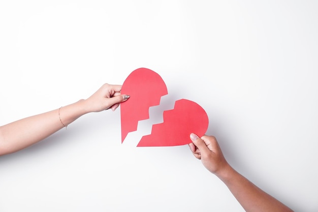 Close up of paper broken heart isolated on white background