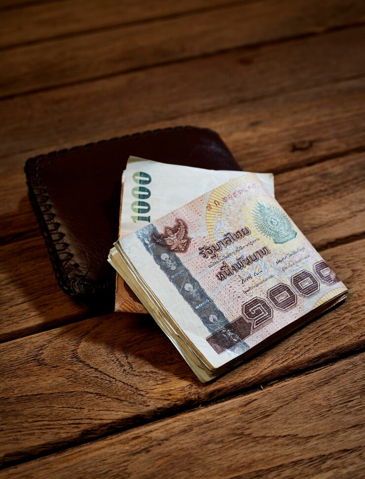 Photo close-up of paper currency and wallet on table