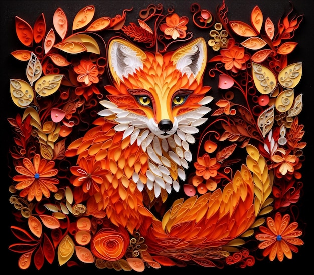 A close up of a paper cut fox surrounded by flowers and leaves generative ai