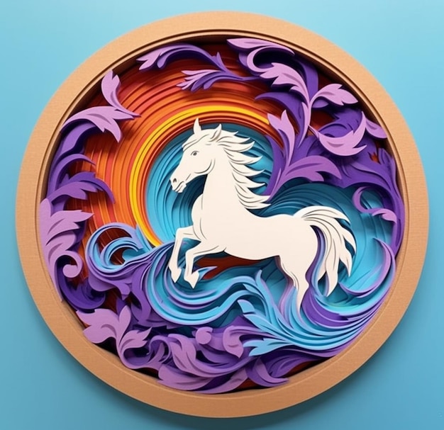 A close up of a paper cut horse in a circular frame generative ai