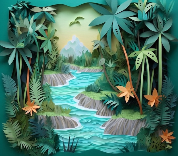 Близкое изображение вырезанной из бумаги сцены джунглей