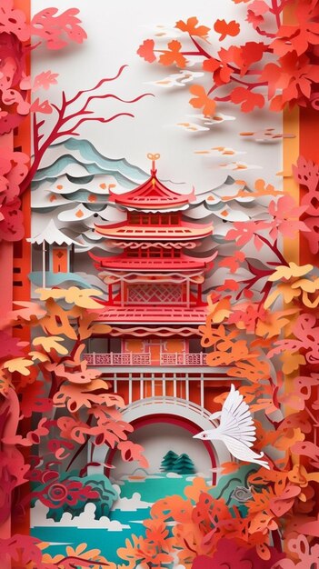 A close up of a paper cut of a pagoda and a bridge generative ai