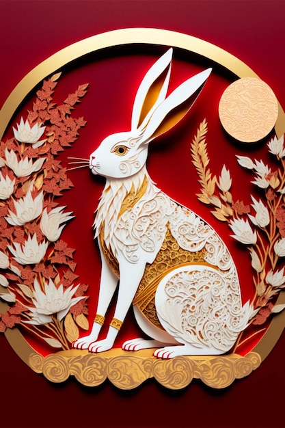 Close up of a paper cut rabbit on a red background generative ai