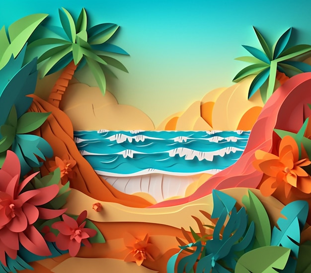 A close up of a paper cut of a tropical beach generative ai