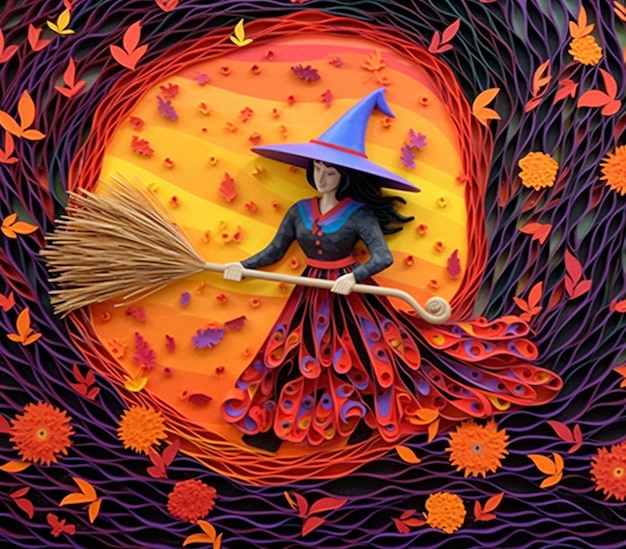 A close up of a paper cut of a witch with a broom generative ai