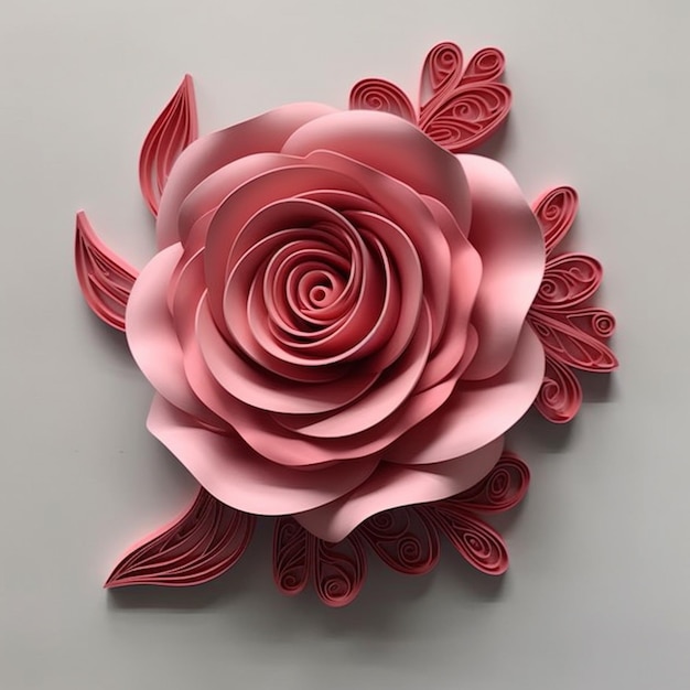 a close up of a paper flower with leaves on a table generative ai