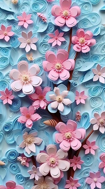 A close up of paper flowers on a blue background generative ai image