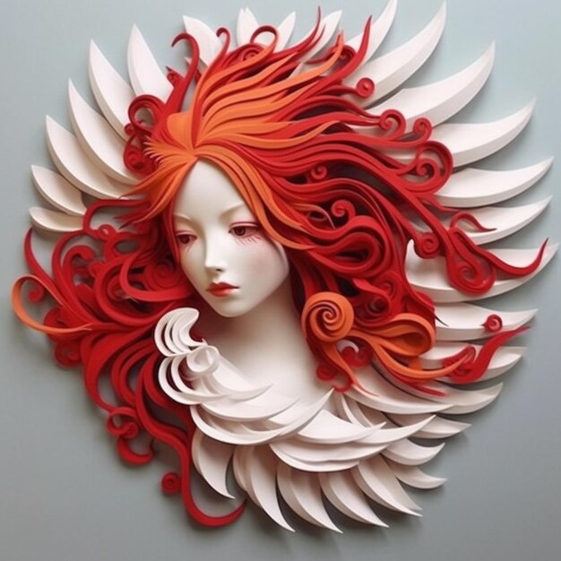 A close up of a paper sculpture of a woman with red hair generative ai