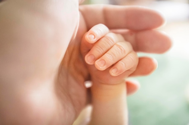 close-up of parent holding baby boy hand