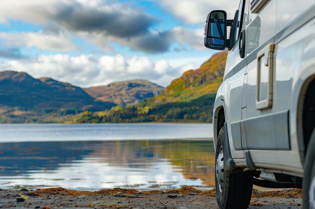 Close up parked motorhome on the background of the vibrant color breathtaking scenery