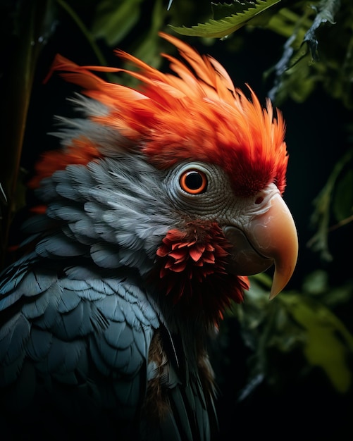 a close up of a parrot with red and orange feathers