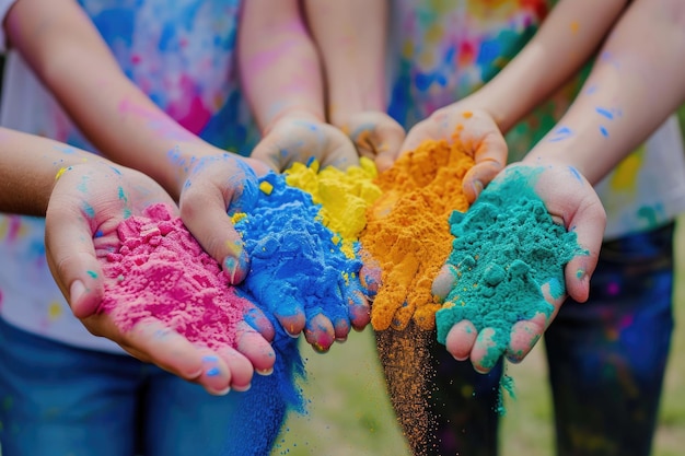 close up partial view of young people holding colorful powder in hands at holi festival