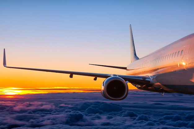 Крупный план пассажирского самолета, летящего в небе на рассвете
