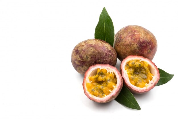 Close up of Passion fruits on white background. copy space