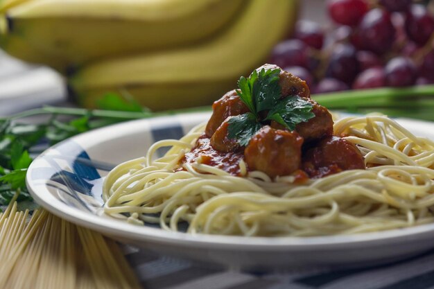 Close-up of pasta in plate on table