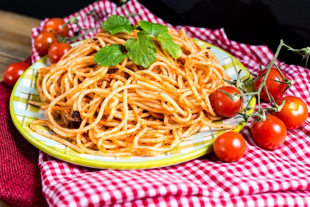 Close-up of pasta in plate on table