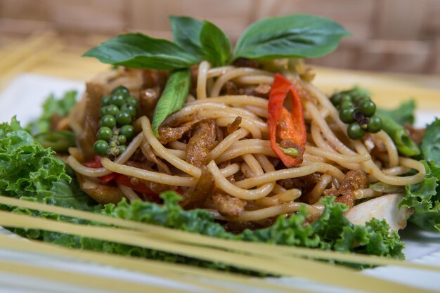 Photo close-up of pasta served in plate