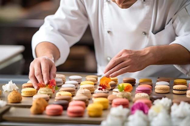 Photo close up on pastry chef preparing food