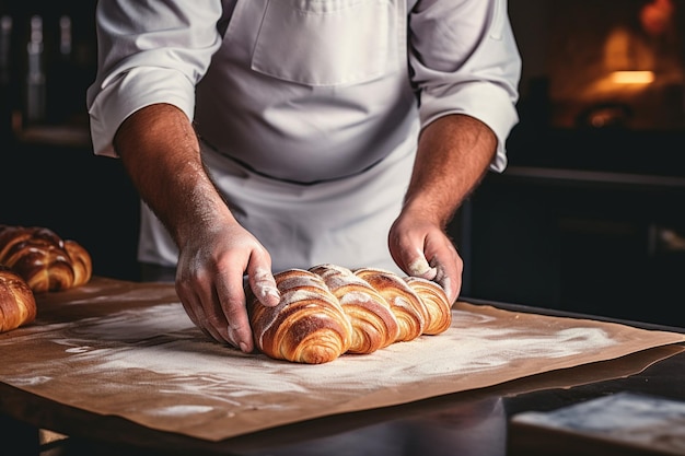 Foto prossimo piano del pasticciere che prepara il cibo