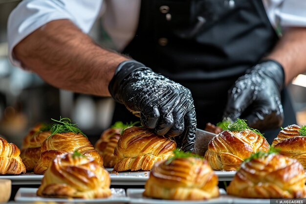 Close up on pastry chef preparing food