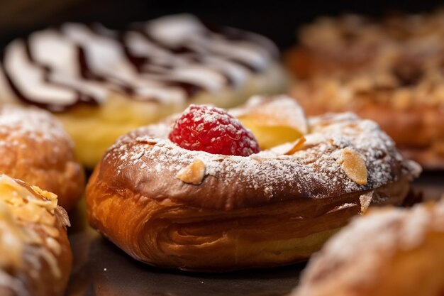 Photo a close up of a pastry with a raspberry on top generative ai