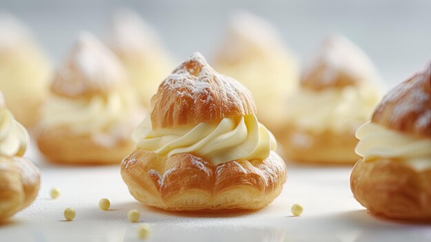 a close up of a pastry with a white frosting and yellow seeds on the top