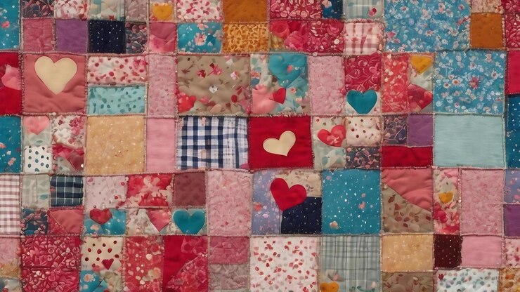 Photo a close up of a patchwork pattern with hearts and dots generative ai