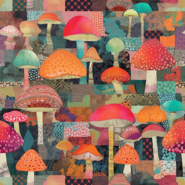 Близкий взгляд на патчворк с множеством различных цветных грибов
