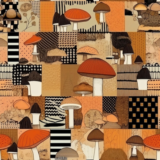 A close up of a patchwork pattern with mushrooms and other things generative ai