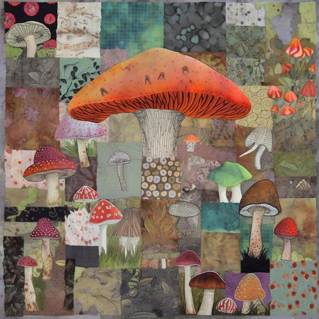 A close up of a patchwork quilt with a mushroom on it generative ai