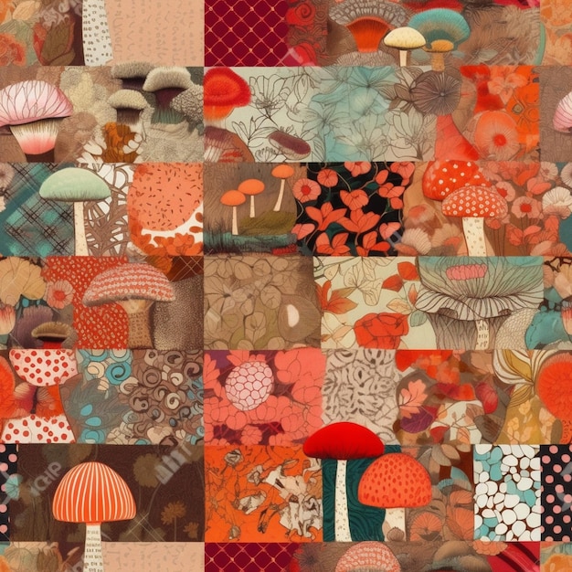 A close up of a patchwork quilt with mushrooms and flowers generative ai