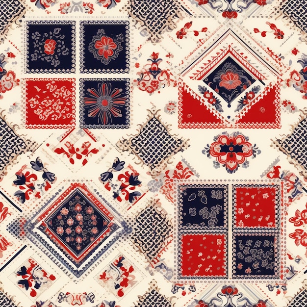 A close up of a patchwork quilt with red generative ai