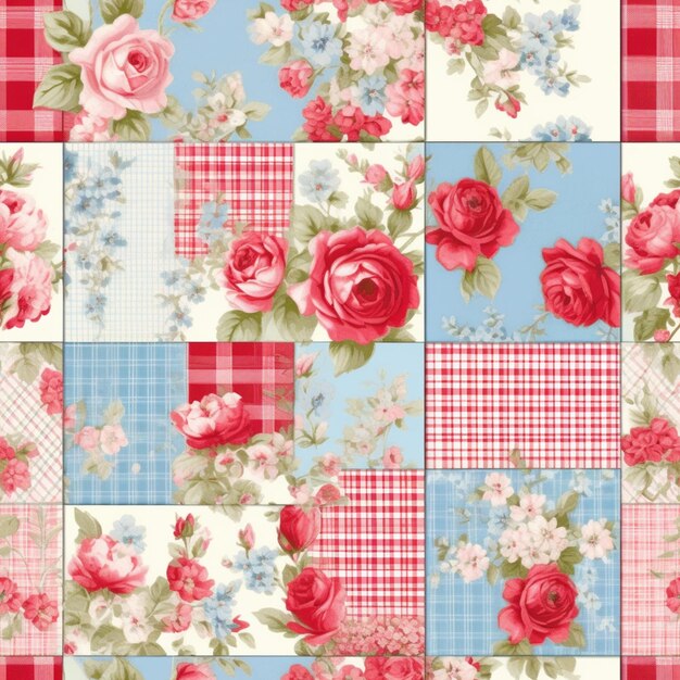 Foto un primo piano di una trapunta patchwork con rose e plaid generativo ai