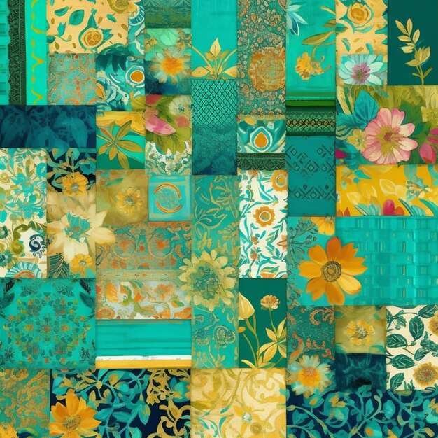 A close up of a patchwork quilt with a variety of flowers generative ai