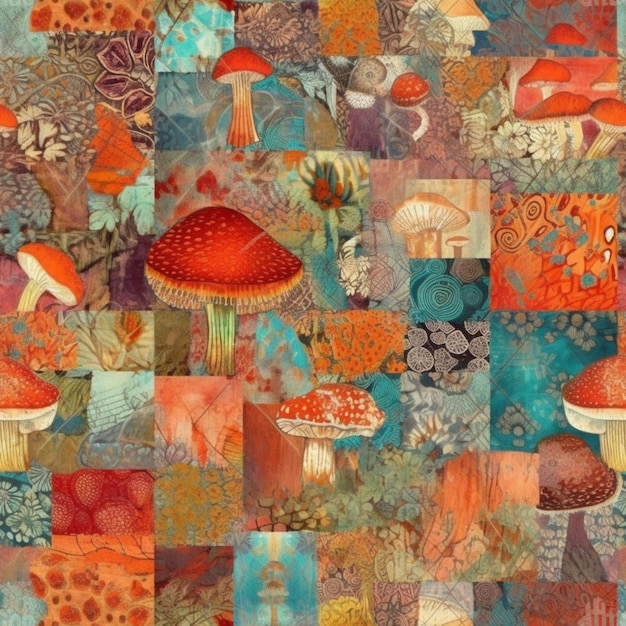 A close up of a patchwork quilt with a variety of mushrooms generative ai