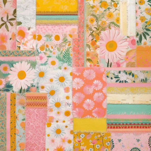 Photo a close up of a patchwork wall with a bunch of flowers generative ai