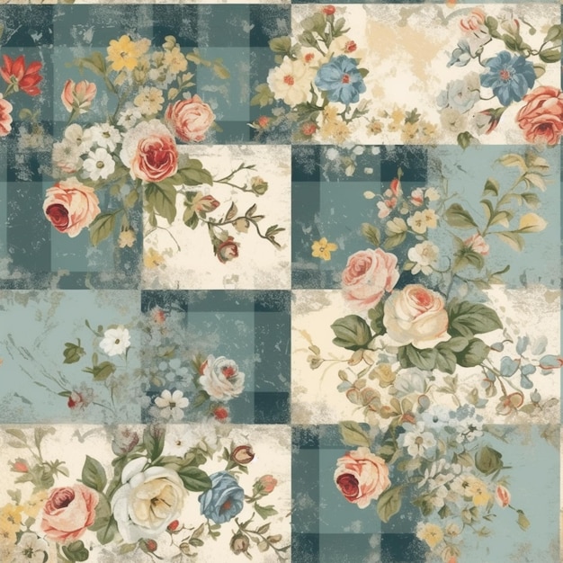 a close up of a patchwork wallpaper with flowers and leaves generative ai