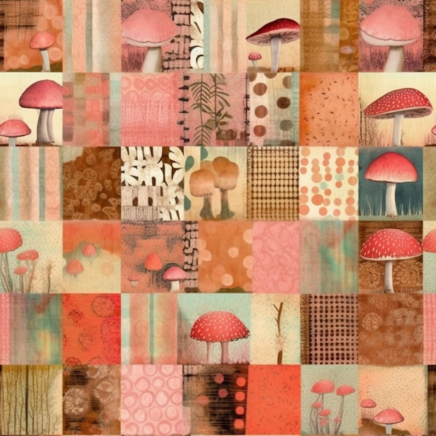 A close up of a patchwork with many different types of mushrooms generative ai