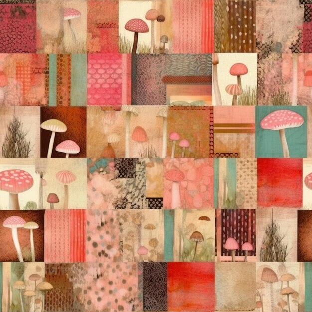 Photo a close up of a patchwork with mushrooms and plants generative ai