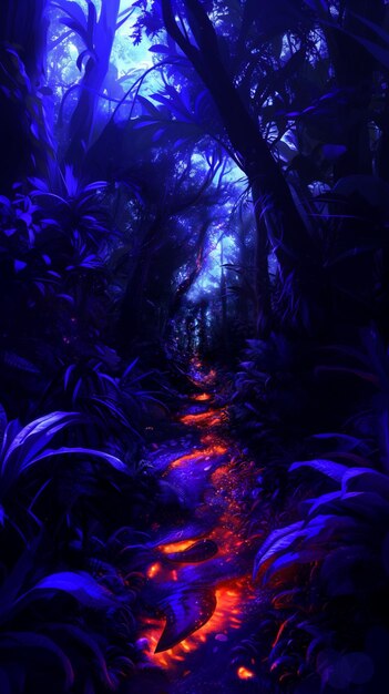 a close up of a pathway in a forest with purple lights generative ai