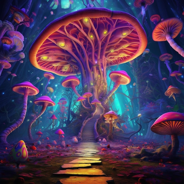 A close up of a pathway leading to a mushroom forest generative ai