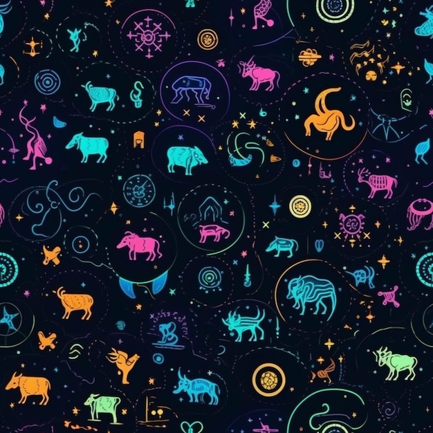 A close up of a pattern of animals and stars generative ai