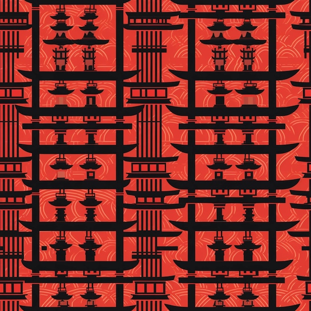 A close up of a pattern of asian architecture on a red background generative ai