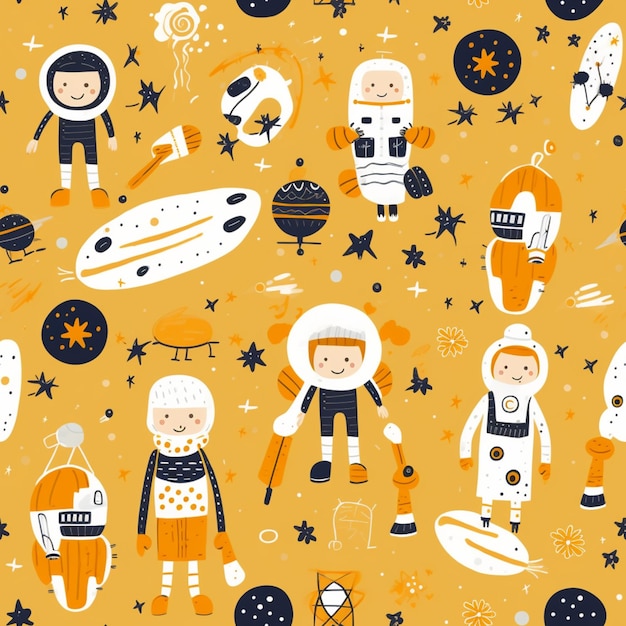 A close up of a pattern of astronauts and other space related items generative ai