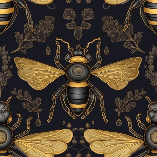 A close up of a pattern of bees on a black background generative ai