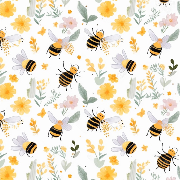 A close up of a pattern of bees and flowers generative ai