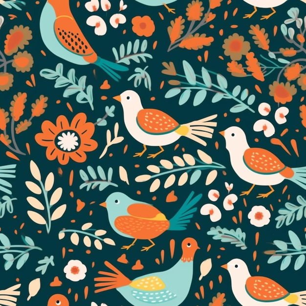 A close up of a pattern of birds and flowers on a dark background generative ai