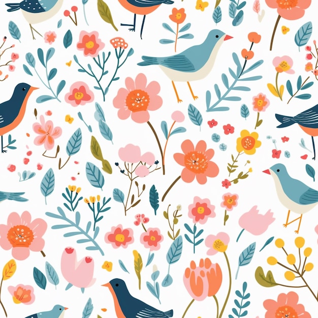 a close up of a pattern of birds and flowers on a white background generative ai