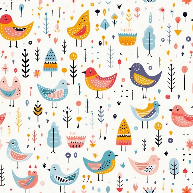 a close up of a pattern of birds and flowers on a white background generative ai