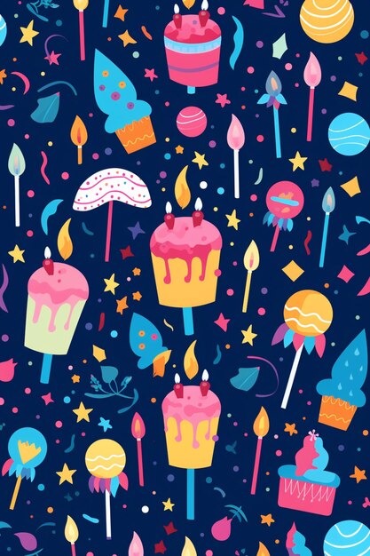 A close up of a pattern of birthday items on a blue background generative ai